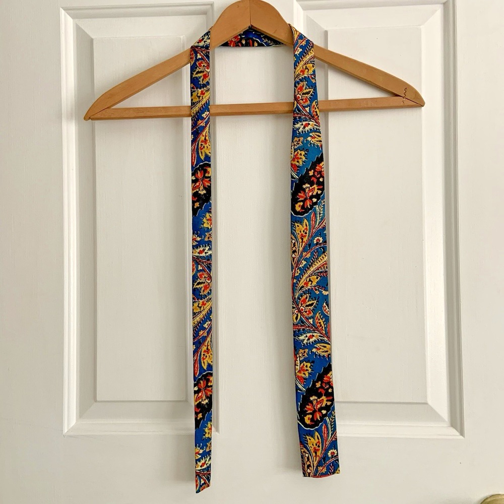 Vintage Rooster Square End Hand Made Silk Neck Tie Blue Paisley Floral 2x53in - Picture 2 of 6